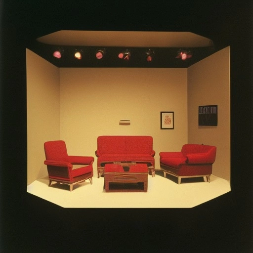 03491-2620679735-a stage set with a man and a woman standing on a stage in front of a couch and chairs, by Carrie Mae Weems.webp